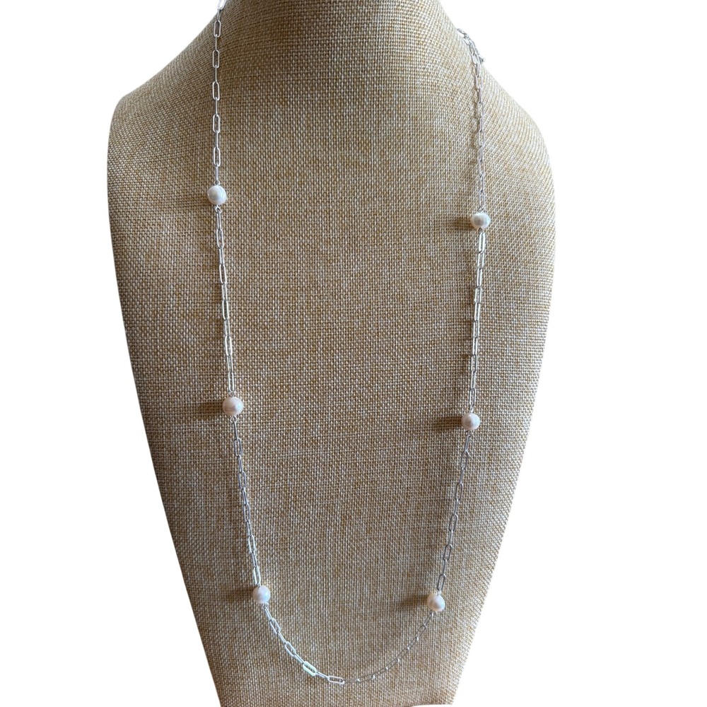 Silver Tone Paperclip Chain Long Necklace with White Pearl Accents Layering